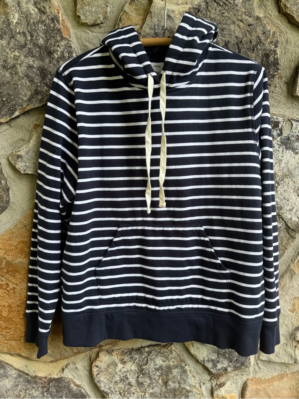Striped Navy and White Nautical Hooded Pullover Hoodie Sweatshirt Large Coastal